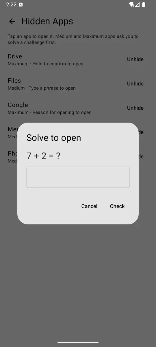 A ReClaim dialog titled Solve to open, asking for the answer to 7 plus 2 before a hidden app will launch