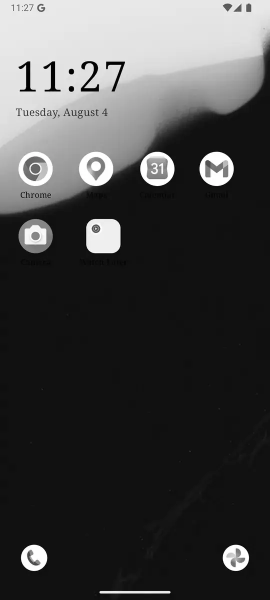The same ReClaim home screen converted to grayscale, with the app icons in shades of gray