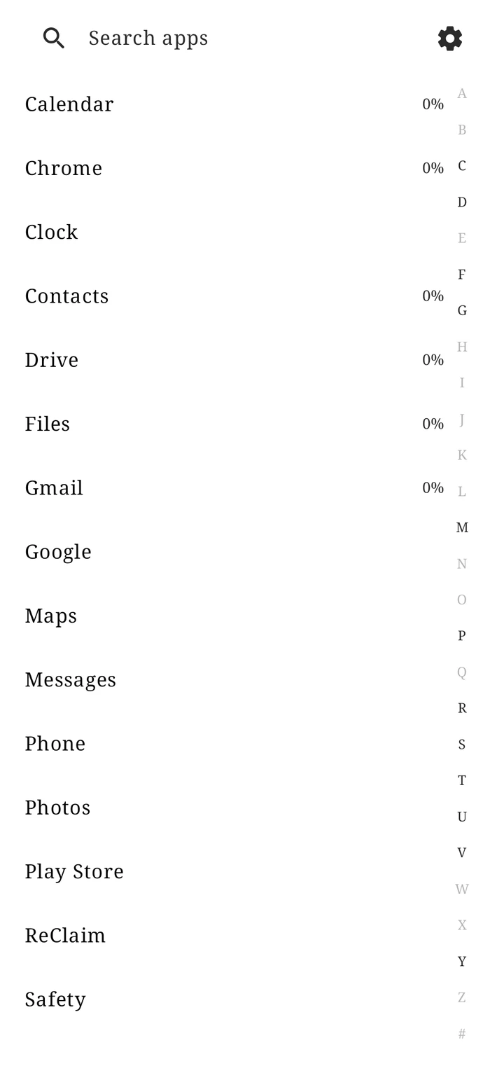 ReClaim's actual all-apps screen: a plain alphabetical list, black text on white, no icons, no visual clutter